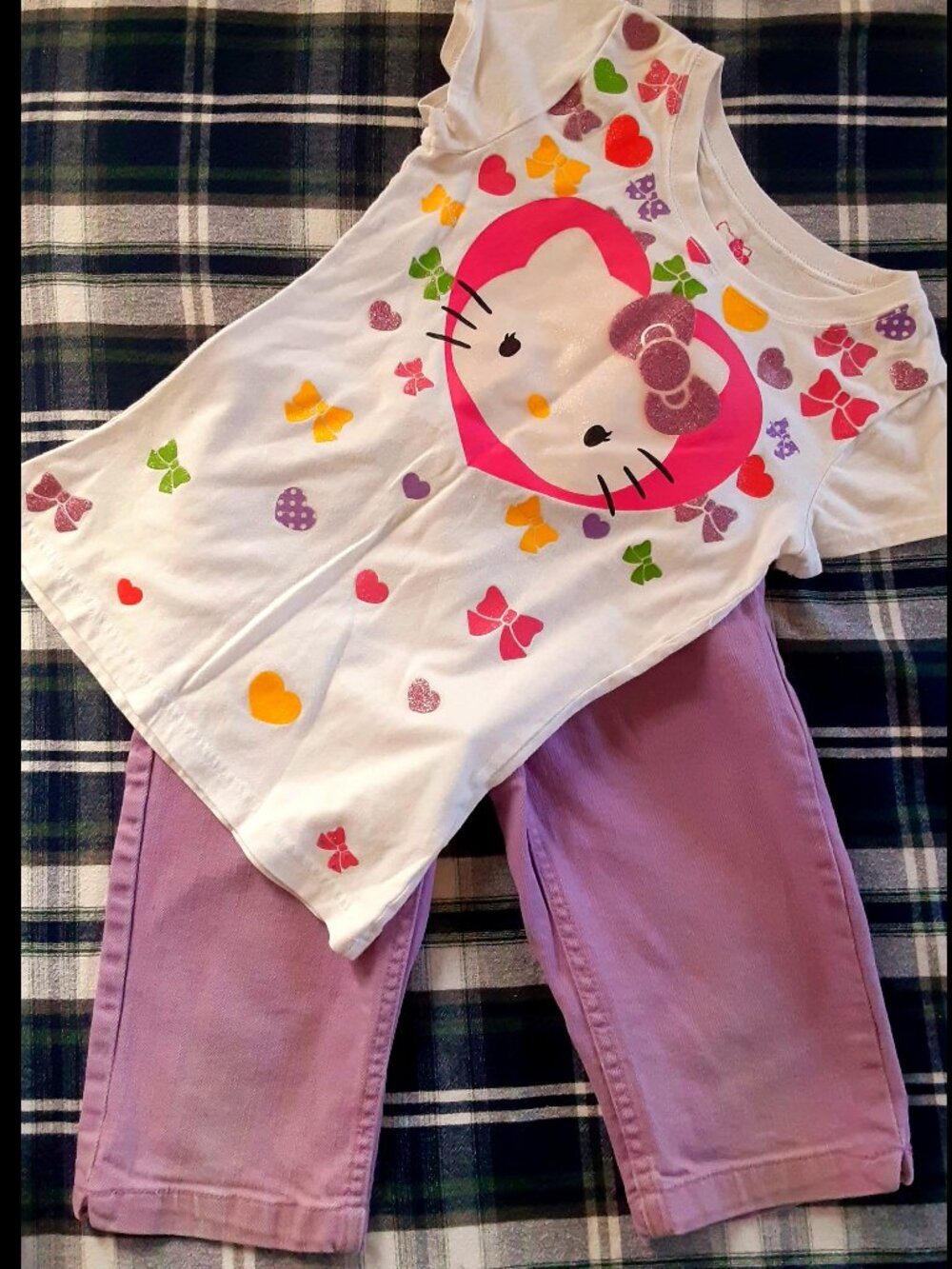 Hello Kitty white T Shirt Purple Bermuda Shorts Girls Sz 7 8 Outfit Lot Set